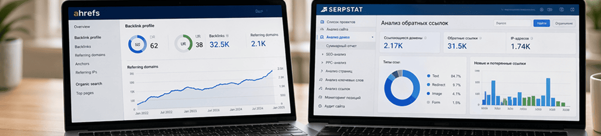 Анализ ссылочной массы сайта в Ahrefs и Serpstat интерфейс